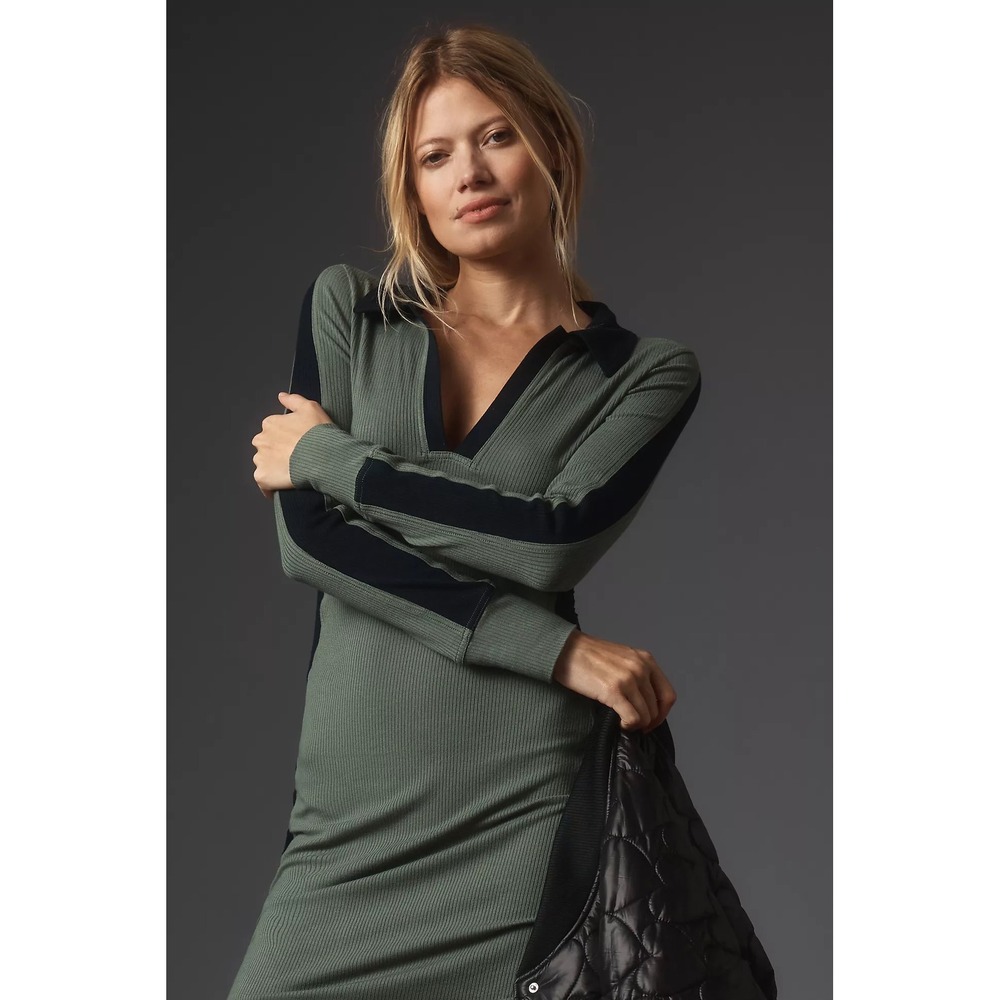 Anthropologie Daily Practice Women Dress L Green Ribbed Ruched Polo Colorblock - Picture 3 of 14